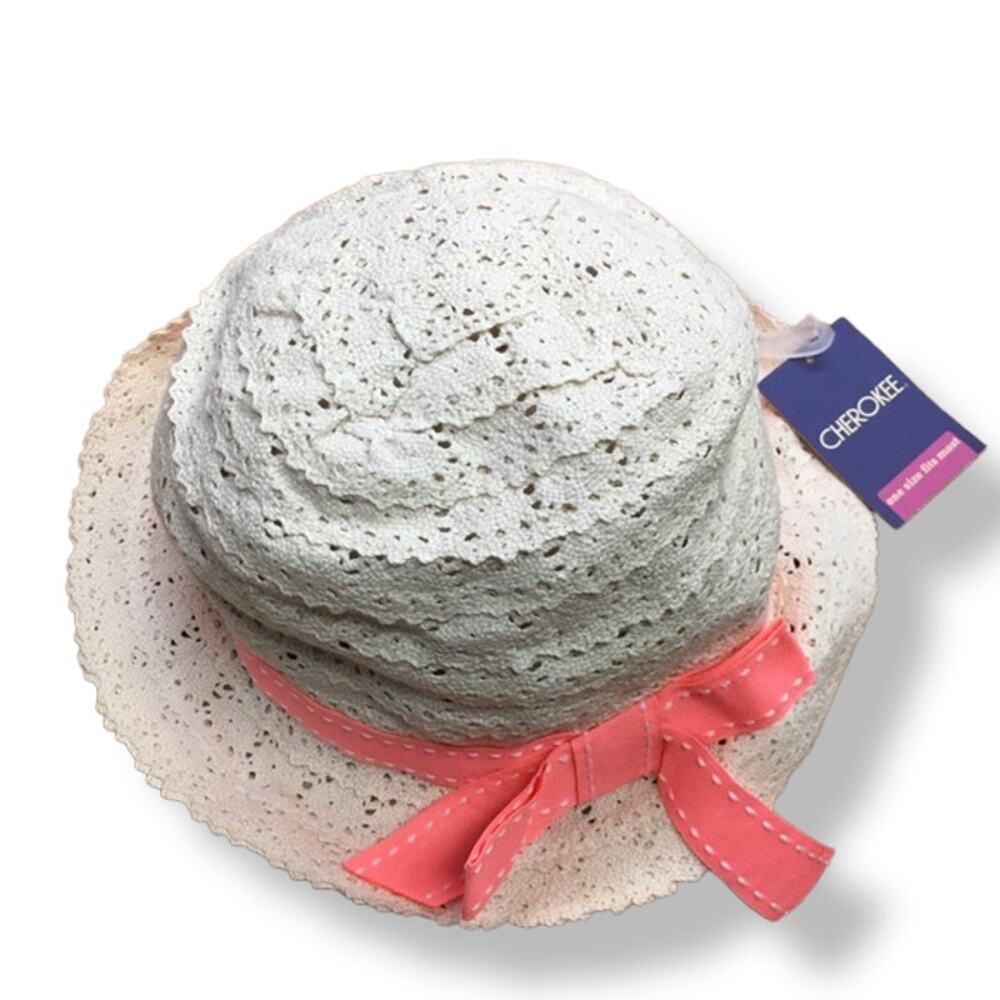 Cherokee Girls Hat OSFM Spring Summer Peach Ribbon Cream‎ Lace NEW